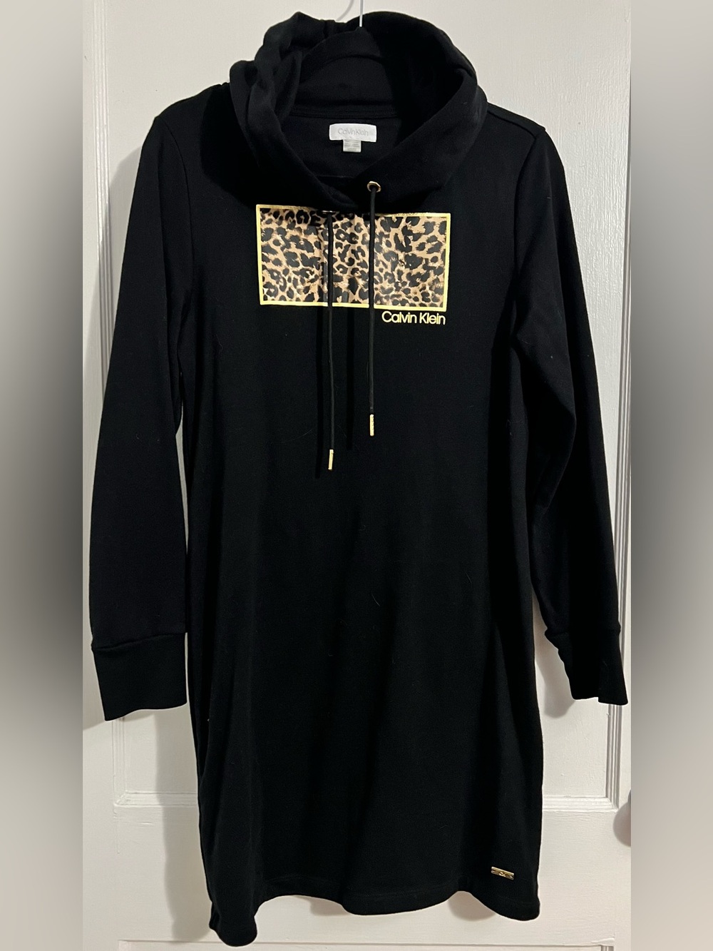 Calvin Klein Black Hoodie Dress with Leopard Panel and Gold Trim